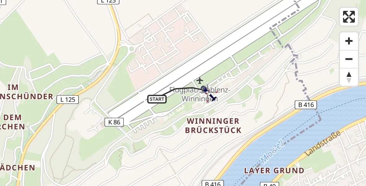 Flugroute Polizeihubschrauber Koblenz-Winningen Flugplatz - Koblenz-Winningen Flugplatz, 30 März 2026, 21:29