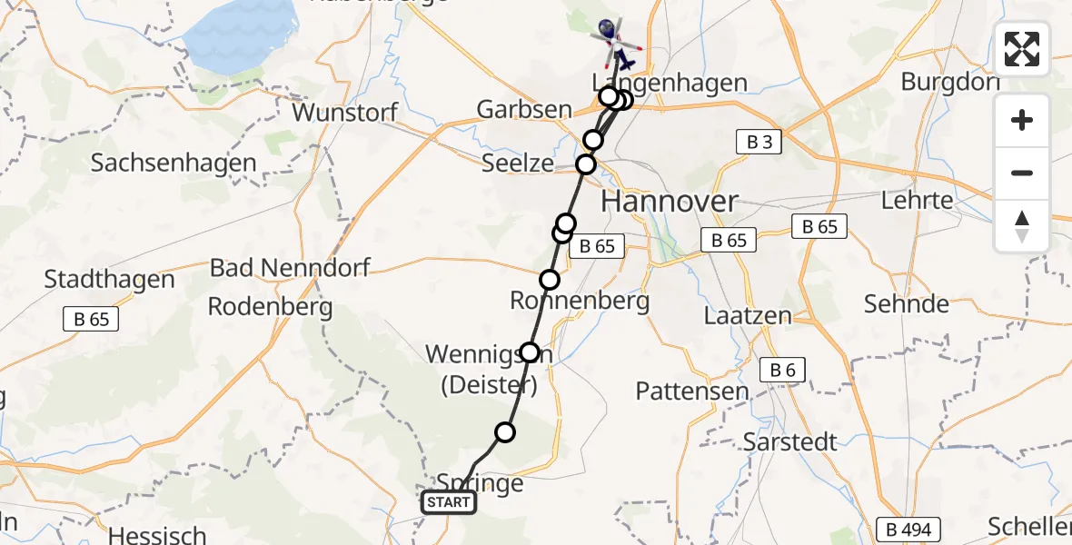 Flugroute Polizeihubschrauber Springe - Flughafen Hannover, 30 März 2026, 21:58