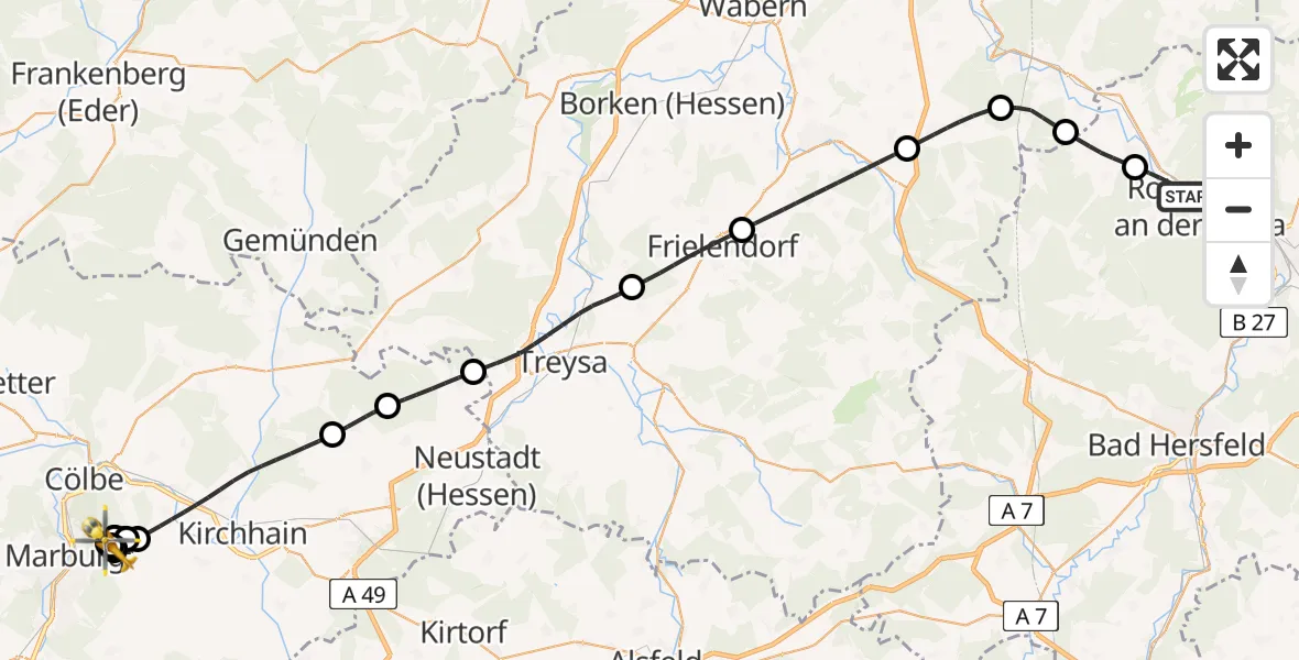 Routekaart van de vlucht: Rettungshubschrauber nach Marburg University Hospital Rooftop