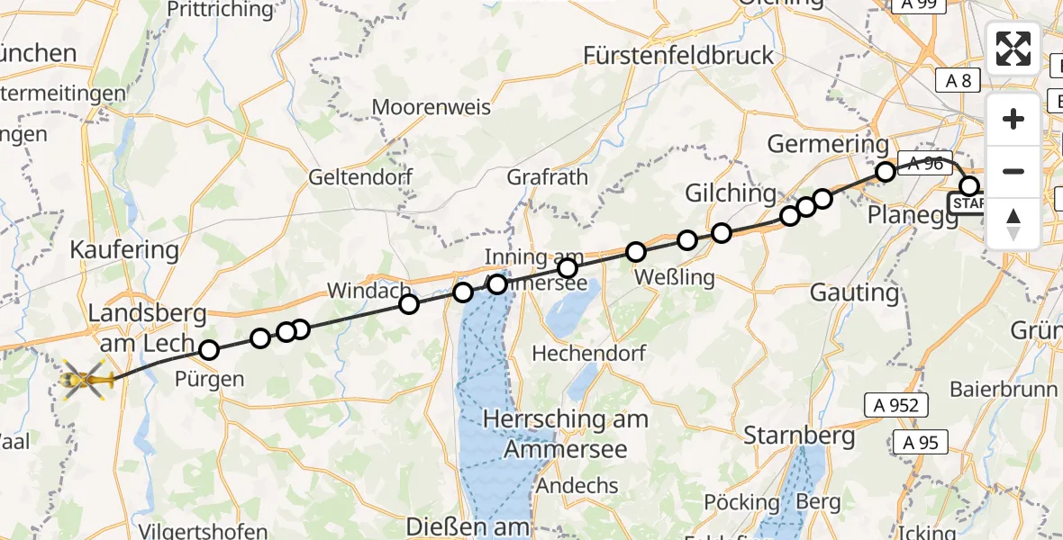 Routekaart van de vlucht: Rettungshubschrauber nach Landsberg am Lech, Eichkapellenstraße