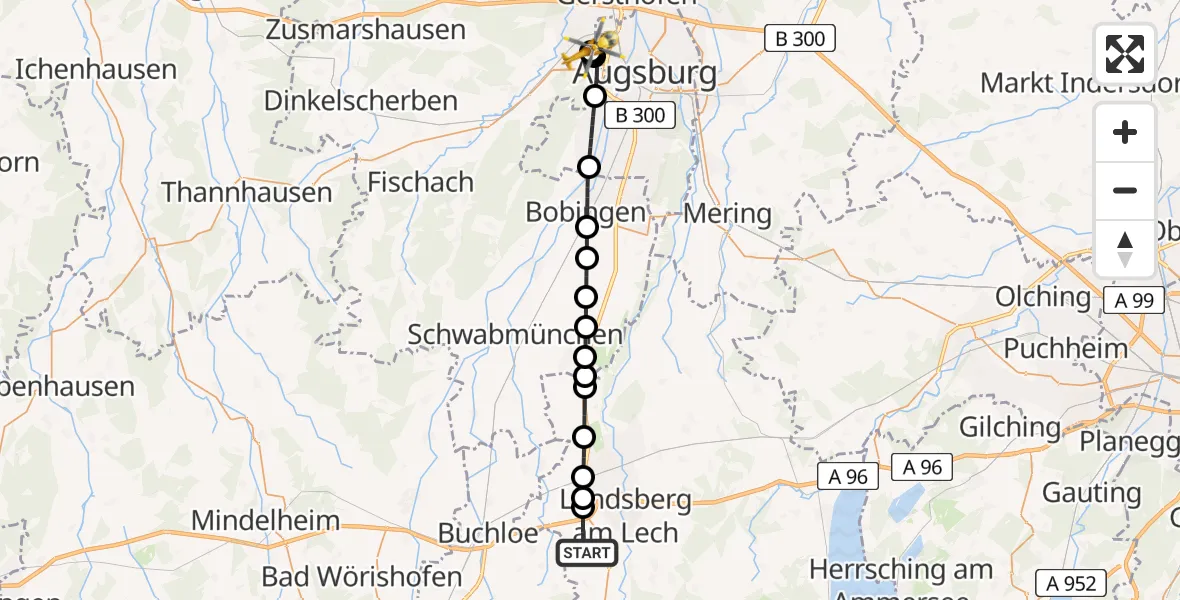 Routekaart van de vlucht: Rettungshubschrauber nach Augsburg University Hospital