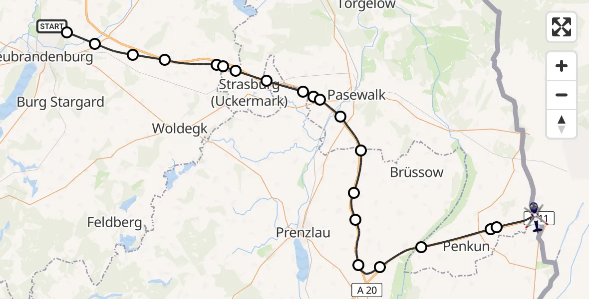 Routekaart van de vlucht: Polizeihubschrauber nach Nadrensee, Am Grenzübergang