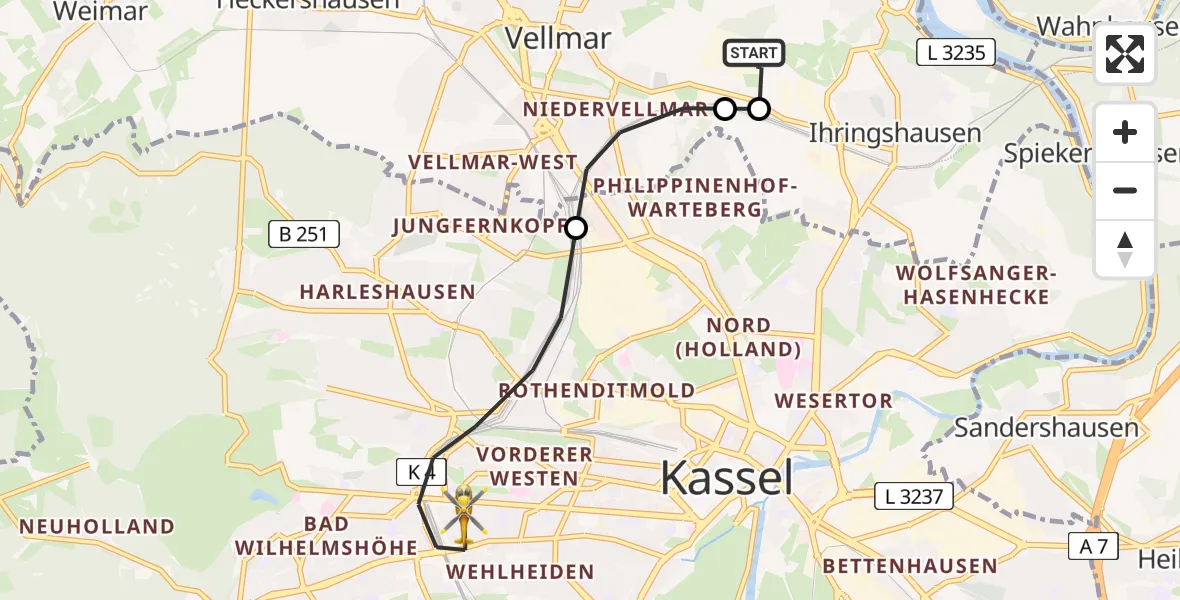 Routekaart van de vlucht: Rettungshubschrauber nach Kassel, Hansteinstraße