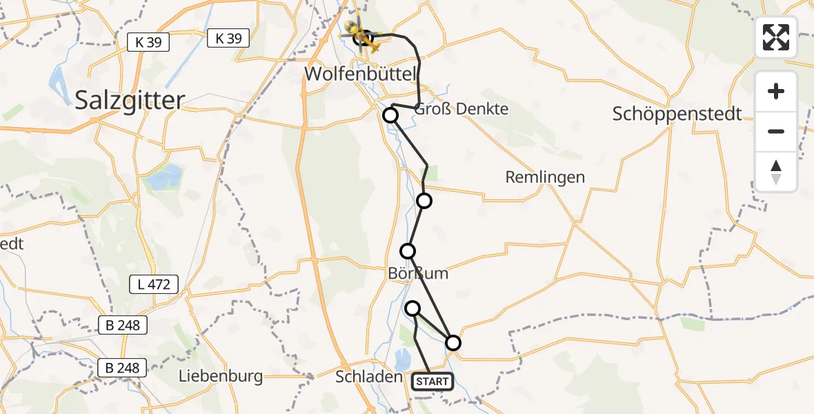 Routekaart van de vlucht: Rettungshubschrauber nach Wolfenbüttel Municipal Hospital Heliport (Christoph 30)