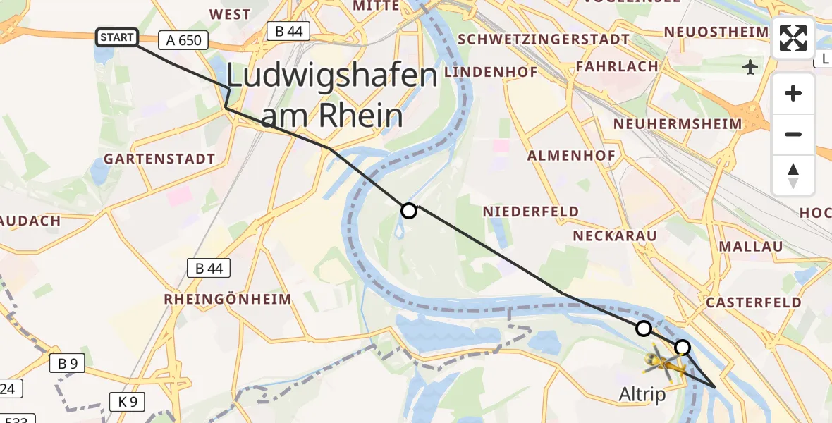 Flugroute Rettungshubschrauber Ludwigshafen am Rhein - Altrip, 31 März 2026, 05:44