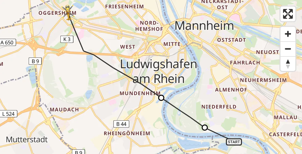 Routekaart van de vlucht: Rettungshubschrauber nach Ludwigshafen am Rhein, Postwiesenpfad