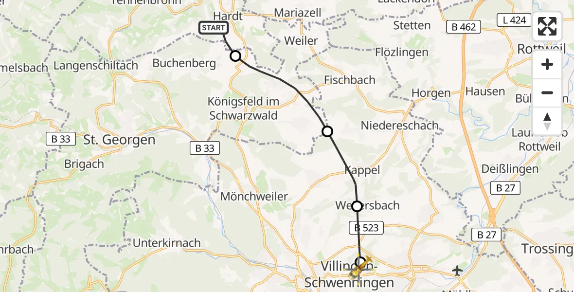 Routekaart van de vlucht: Rettungshubschrauber nach DRF Air Rescue Station Villingen-Schwenningen Hubschrauberlandeplatz (Christoph 11)