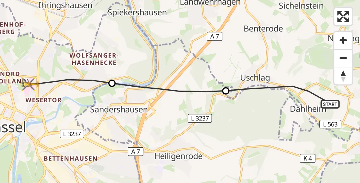 Routekaart van de vlucht: Rettungshubschrauber nach Kassel, Mönchebergstraße