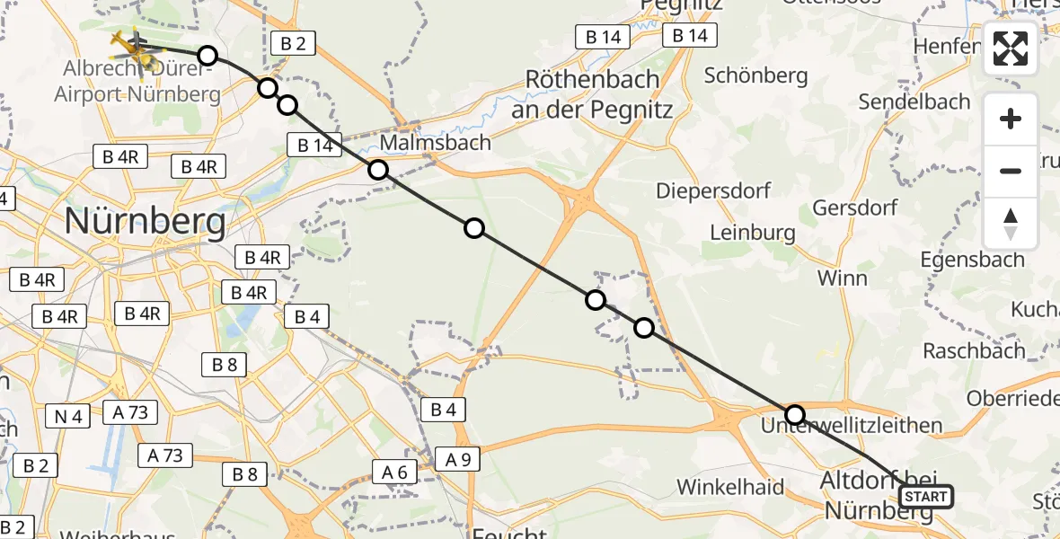 Routekaart van de vlucht: Ambulanzhubschrauber nach Flughafen Nuremberg