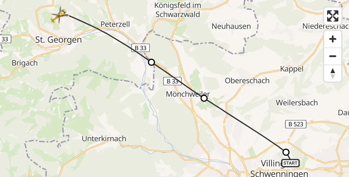 Flugroute Rettungshubschrauber DRF Air Rescue Station Villingen-Schwenningen Hubschrauberlandeplatz (Christoph 11) - St. Georgen im Schwarzwald, 31 März 2026, 06:54
