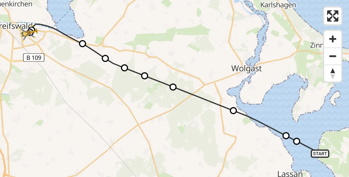 Routekaart van de vlucht: Rettungshubschrauber nach Greifswald Hospital