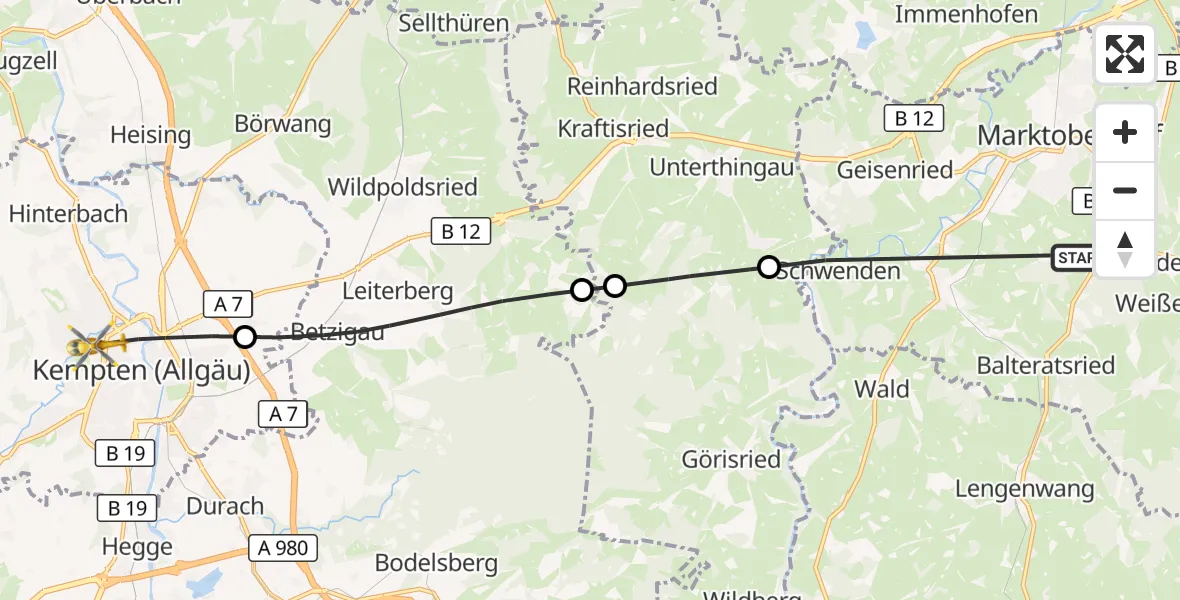 Flugroute Rettungshubschrauber Marktoberdorf - Kempten (Allgäu), 31 März 2026, 07:01