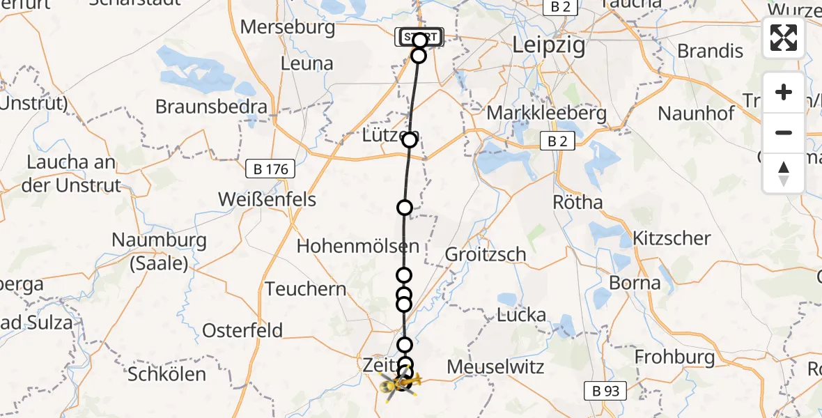 Flugroute Rettungshubschrauber ADAC Air Rescue Station Leipzig/Schkeuditz-Dölzig Hubschrauberlandeplatz (Christoph 61) - Zeitz Hospital, 31 März 2026, 07:05