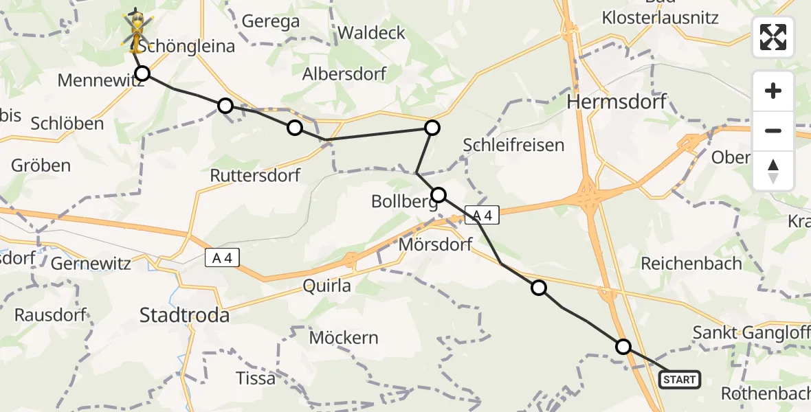 Routekaart van de vlucht: Rettungshubschrauber nach Schöngleina, Flugplatz