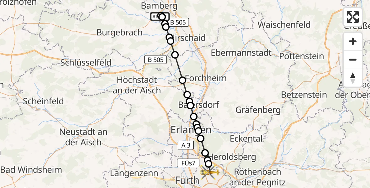 Routekaart van de vlucht: Rettungshubschrauber nach Flughafen Nuremberg