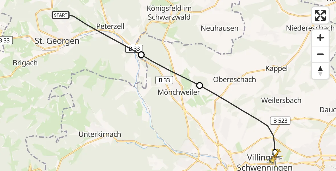 Routekaart van de vlucht: Rettungshubschrauber nach DRF Air Rescue Station Villingen-Schwenningen Hubschrauberlandeplatz (Christoph 11)