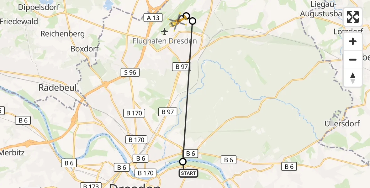 Flugroute Rettungshubschrauber Dresden University Hospital - Dresden Bundespolizei Hubschrauberlandeplatz, 31 März 2026, 07:39