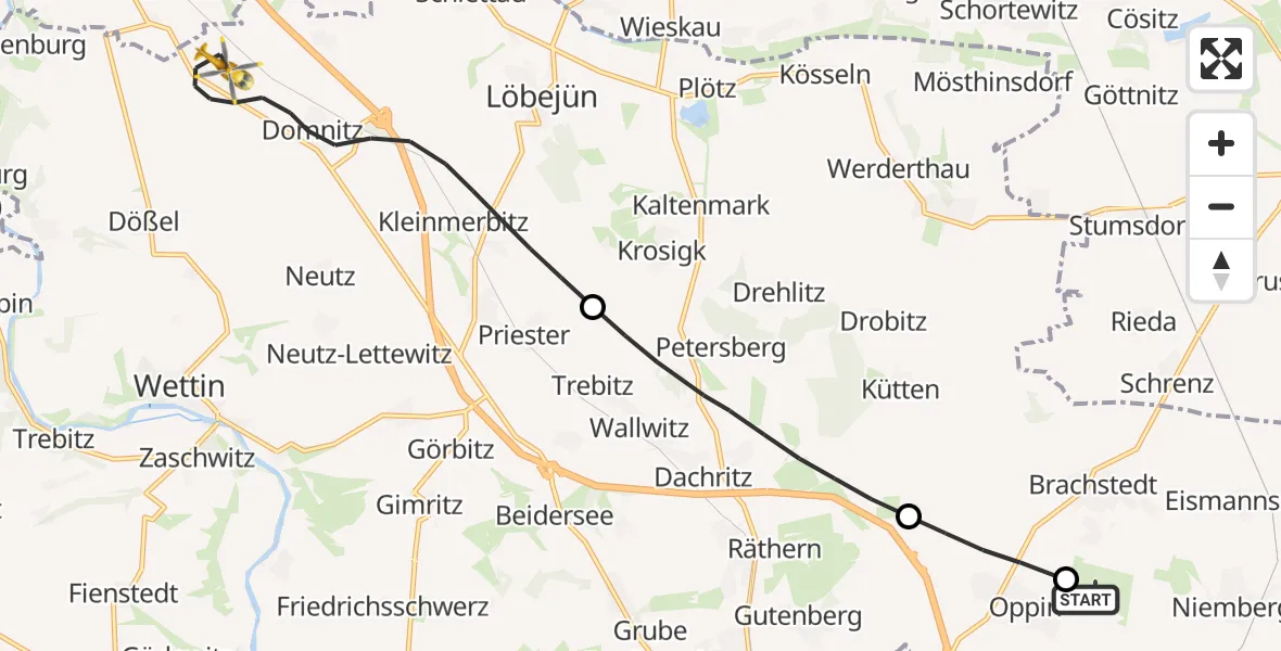 Flugroute Rettungshubschrauber Halle-Oppin Flugplatz - Wettin-Löbejün, 31 März 2026, 07:56