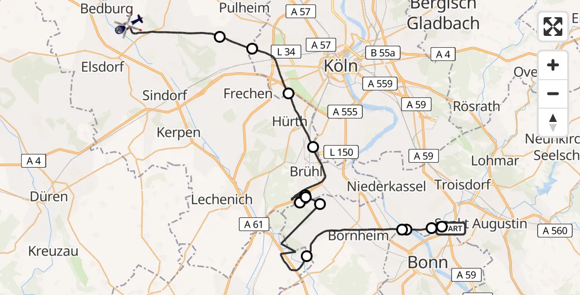 Flugroute Polizeihubschrauber Sankt Augustin - Bergheim, 31 März 2026, 08:10
