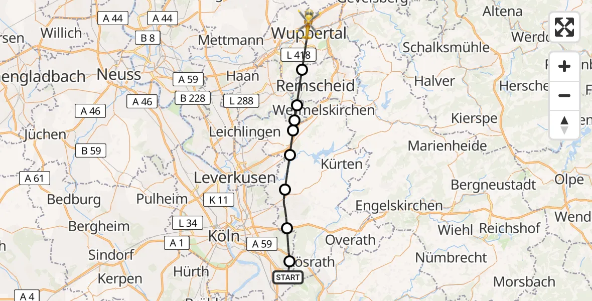 Flugroute Ambulanzhubschrauber Köln Bonn Flughafen - Wuppertal, 31 März 2026, 08:21