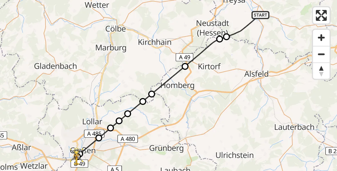 Routekaart van de vlucht: Rettungshubschrauber nach Gießen, Lahnstraße