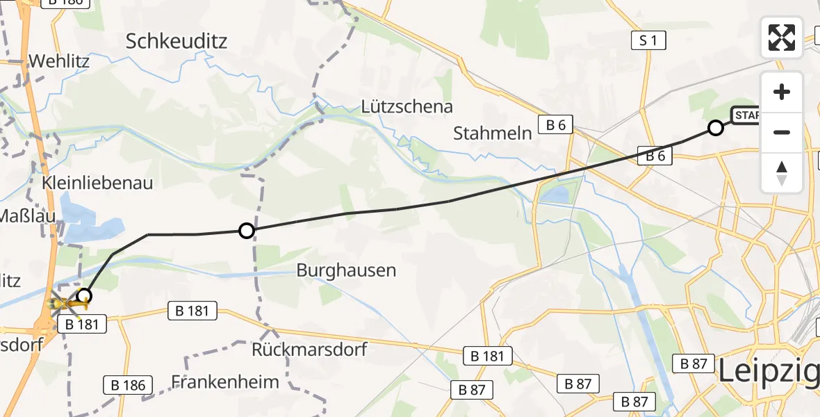 Flugroute Rettungshubschrauber Sankt Georg Hospital Leipzig Reserve - ADAC Air Rescue Station Leipzig/Schkeuditz-Dölzig Hubschrauberlandeplatz (Christoph 61), 31 März 2026, 08:35