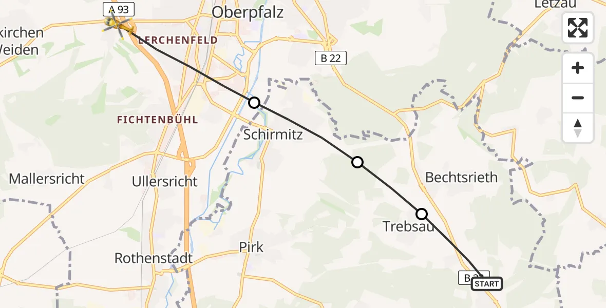 Routekaart van de vlucht: Rettungshubschrauber nach Weiden i.d.OPf., Seegasse