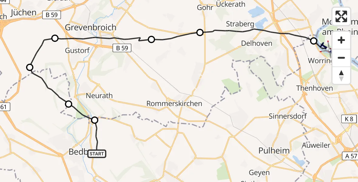 Routekaart van de vlucht: Polizeihubschrauber nach Monheim am Rhein, Neusser Landstraße