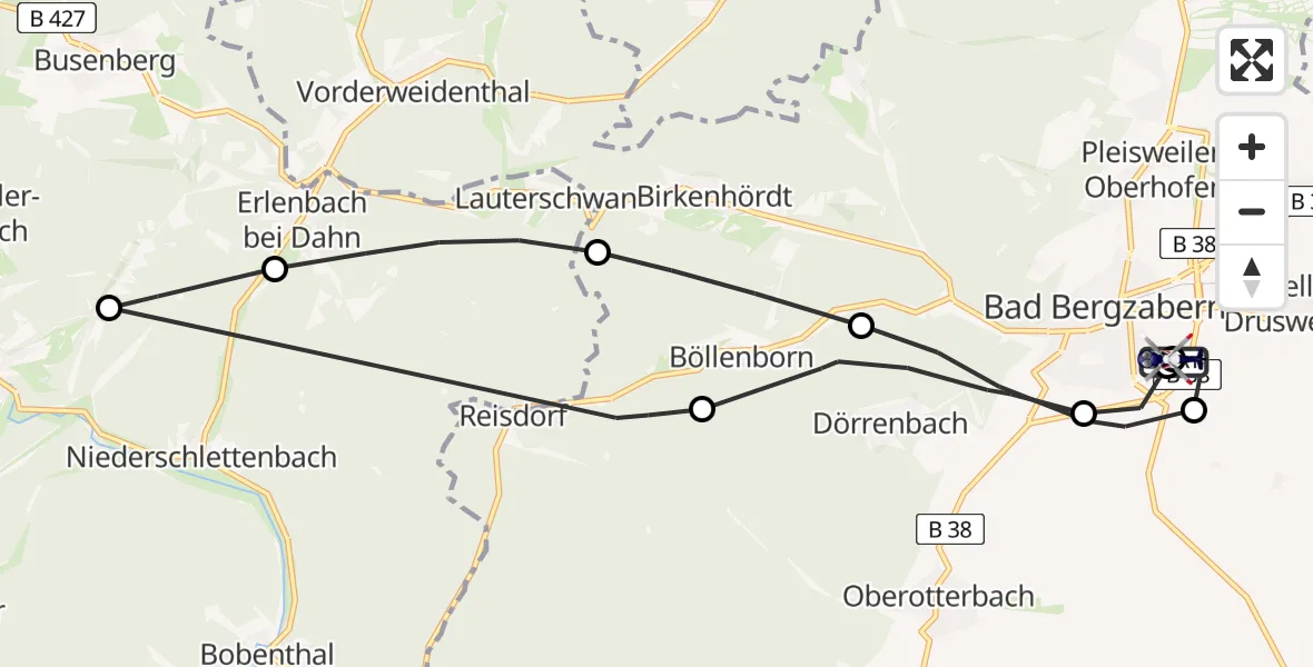 Routekaart van de vlucht: Polizeihubschrauber nach Bad Bergzabern, B 38