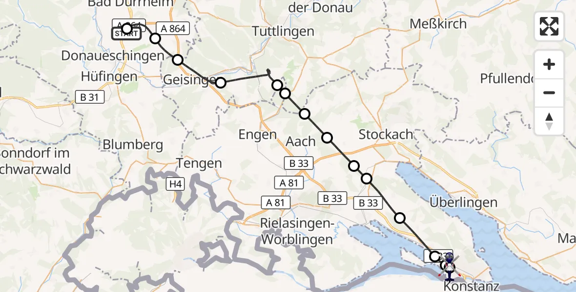 Flugroute Polizeihubschrauber Donaueschingen-Villingen Flugplatz - Konstanz Flugplatz, 31 März 2026, 09:08