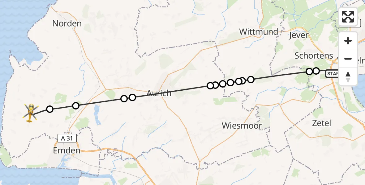 Routekaart van de vlucht: Rettungshubschrauber nach Krummhörn, Woltzetener Straße