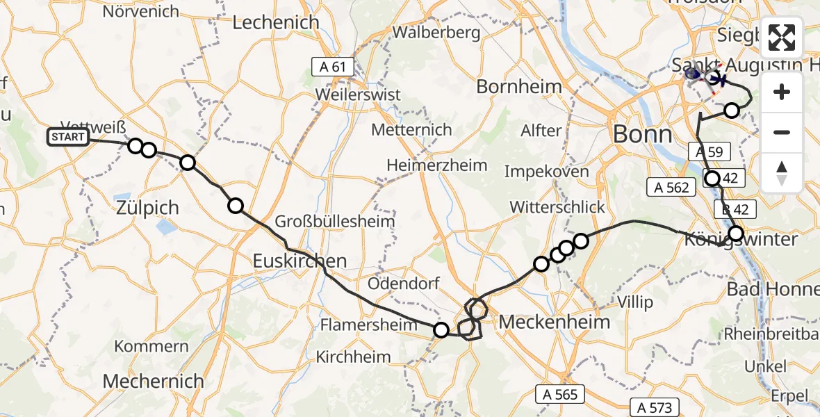 Routekaart van de vlucht: Polizeihubschrauber nach Bonn-Hangelar Flugplatz