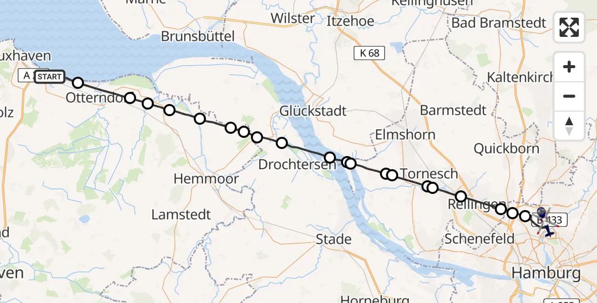 Flugroute Polizeihubschrauber Cuxhaven - Hamburg Helmut Schmidt Flughafen, 31 März 2026, 09:20
