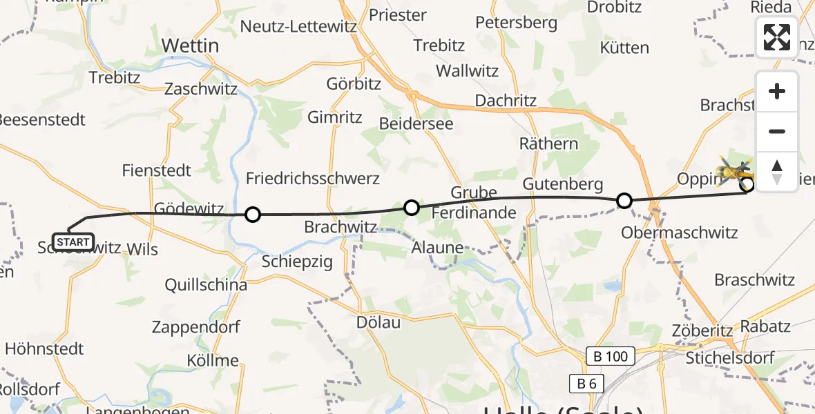 Routekaart van de vlucht: Ambulanzhubschrauber nach Halle-Oppin Flugplatz