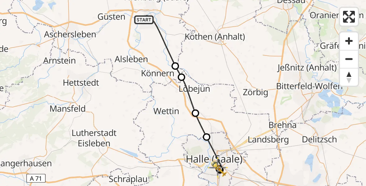 Routekaart van de vlucht: Rettungshubschrauber nach BG Hospital Bergmannstrost Halle