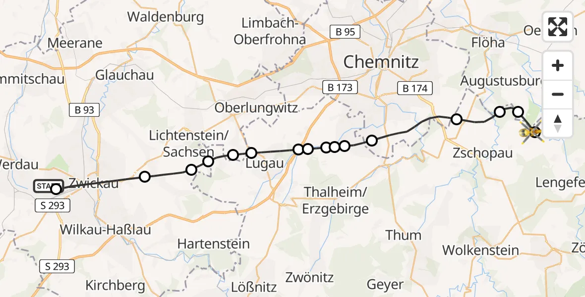 Flugroute Rettungshubschrauber ADAC Air Rescue Station Zwickau Hubschrauberlandeplatz - Grünhainichen, 31 März 2026, 09:42