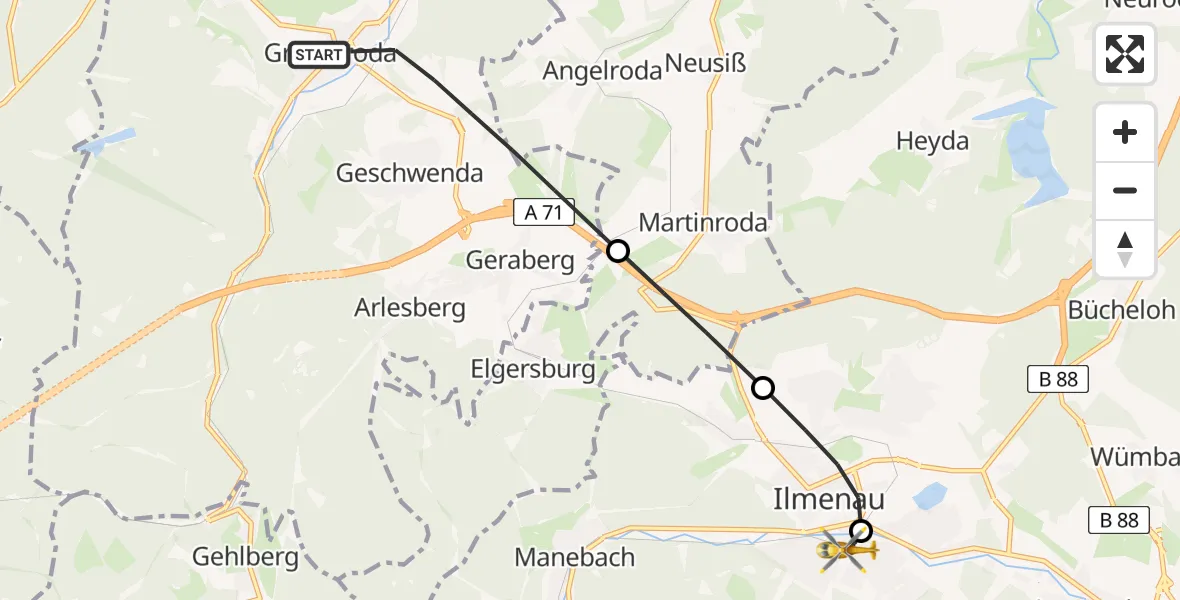 Routekaart van de vlucht: Rettungshubschrauber nach Ilm-Kreis-Kliniken Arnstadt-Ilmenau Hubschrauberlandeplatz