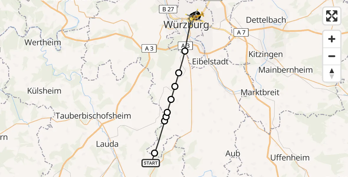 Routekaart van de vlucht: Rettungshubschrauber nach Würzburg University Hospital Rooftop