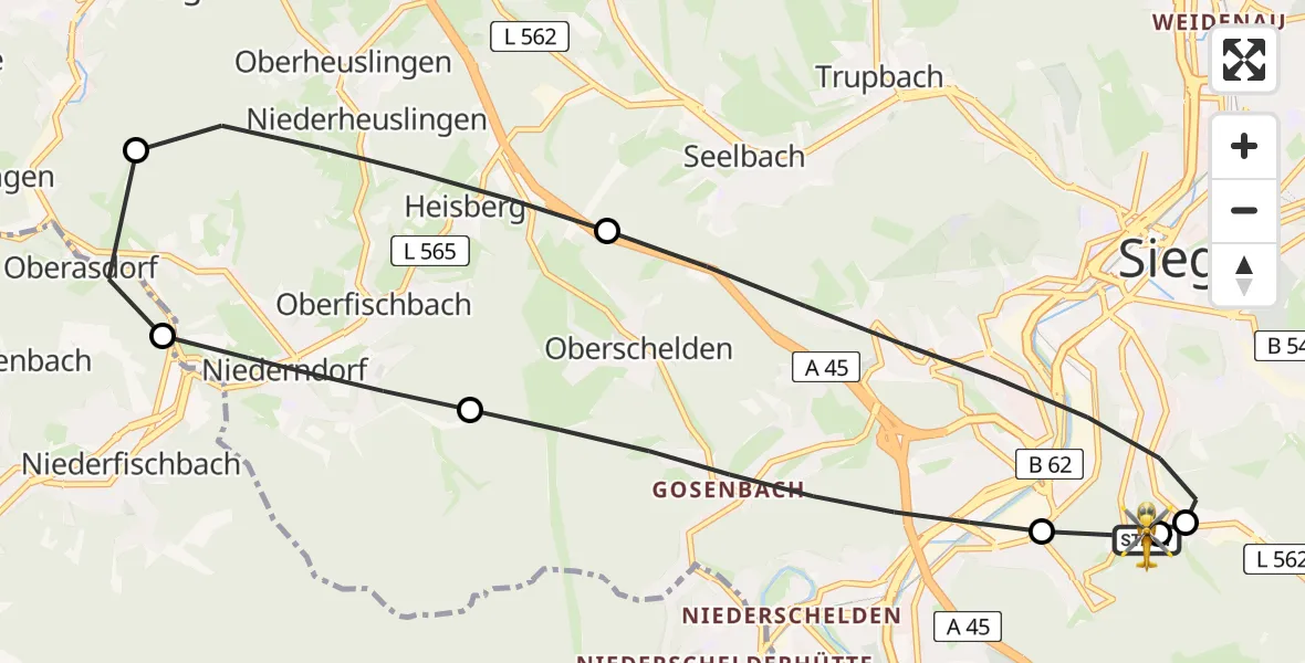 Flugroute Rettungshubschrauber Evangelisches Jung-Stilling Hospital - Evangelisches Jung-Stilling Hospital, 31 März 2026, 09:59