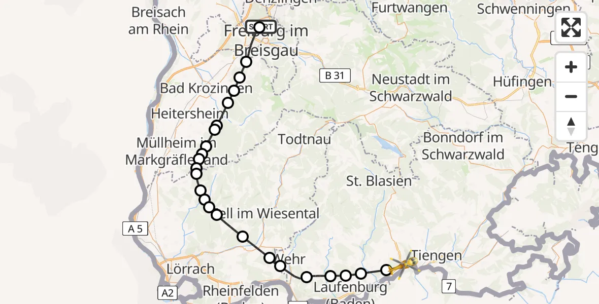 Flugroute Rettungshubschrauber Freiburg im Breisgau Flugplatz - Waldshut-Tiengen, 31 März 2026, 10:01