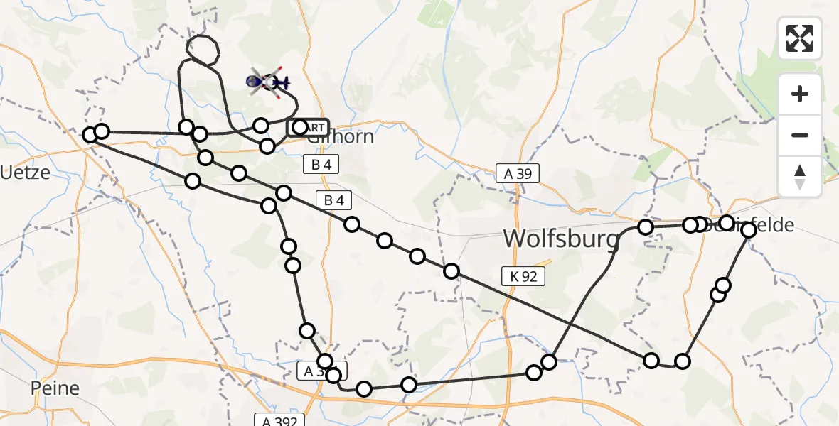Flugroute Polizeihubschrauber Gifhorn Bundespolizei Hubschrauberlandeplatz - Wilsche Segelflugfeld, 31 März 2026, 10:02
