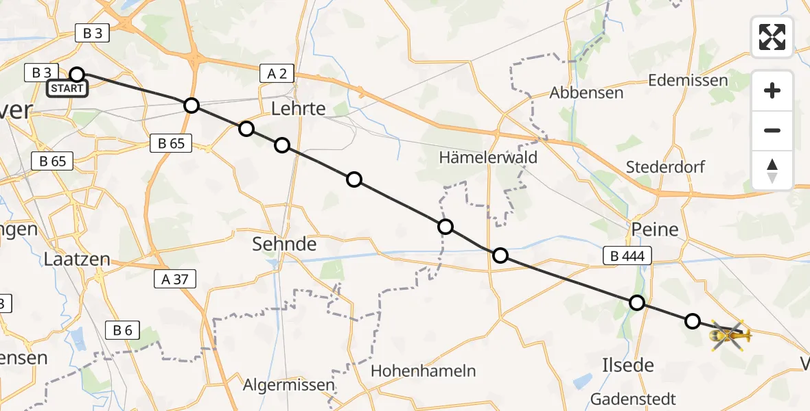 Flugroute Rettungshubschrauber Hannover Luftrettung Hubschrauberlandeplatz (Christoph 4) - Peine, 31 März 2026, 10:03