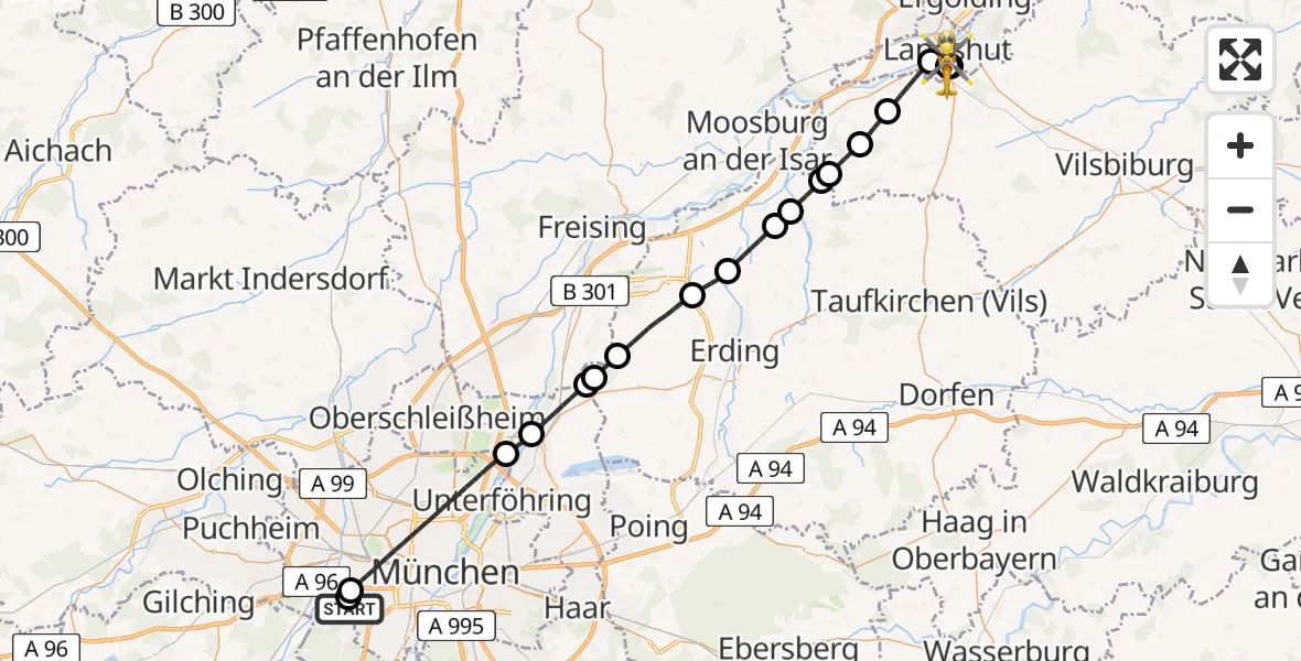 Routekaart van de vlucht: Rettungshubschrauber nach Lakumed Hospital Landshut-Achdorf