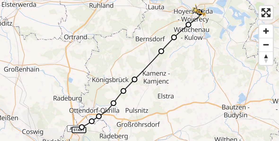 Flugroute Rettungshubschrauber Dresden Bundespolizei Hubschrauberlandeplatz - Lausitzer Seenland Hospital, 31 März 2026, 10:14
