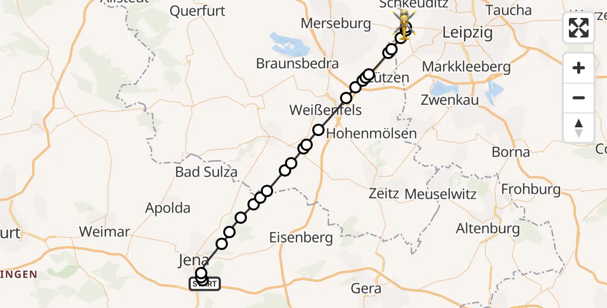 Flugroute Rettungshubschrauber Jena University Hospital - ADAC Air Rescue Station Leipzig/Schkeuditz-Dölzig Hubschrauberlandeplatz (Christoph 61), 31 März 2026, 10:15