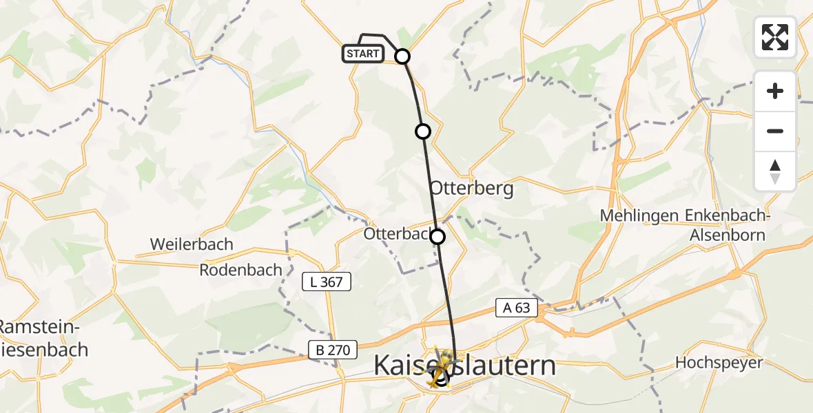 Routekaart van de vlucht: Rettungshubschrauber nach Westpfalz Hospital Kaiserslautern