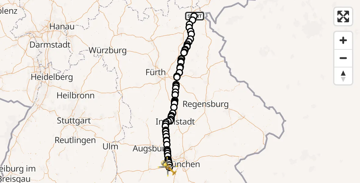 Flugroute Ambulanzhubschrauber Hof-Plauen Flughafen - Oberpfaffenhofen Flughafen, 31 März 2026, 10:19