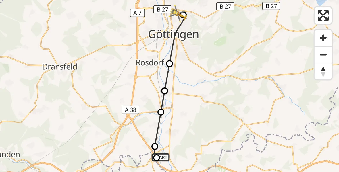 Routekaart van de vlucht: Rettungshubschrauber nach Göttingen University Clinic Hubschrauberlandeplatz