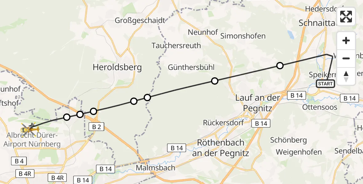 Routekaart van de vlucht: Rettungshubschrauber nach Flughafen Nuremberg