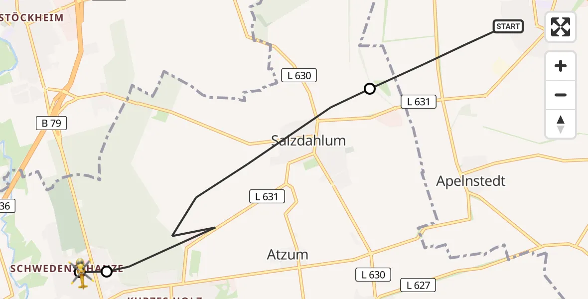 Routekaart van de vlucht: Rettungshubschrauber nach Wolfenbüttel Municipal Hospital Heliport (Christoph 30)